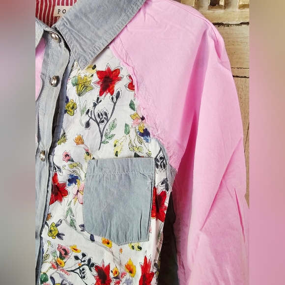 NEW POL Patchwork Button Down Shirt Boho Floral sz M - Picture 8 of 8